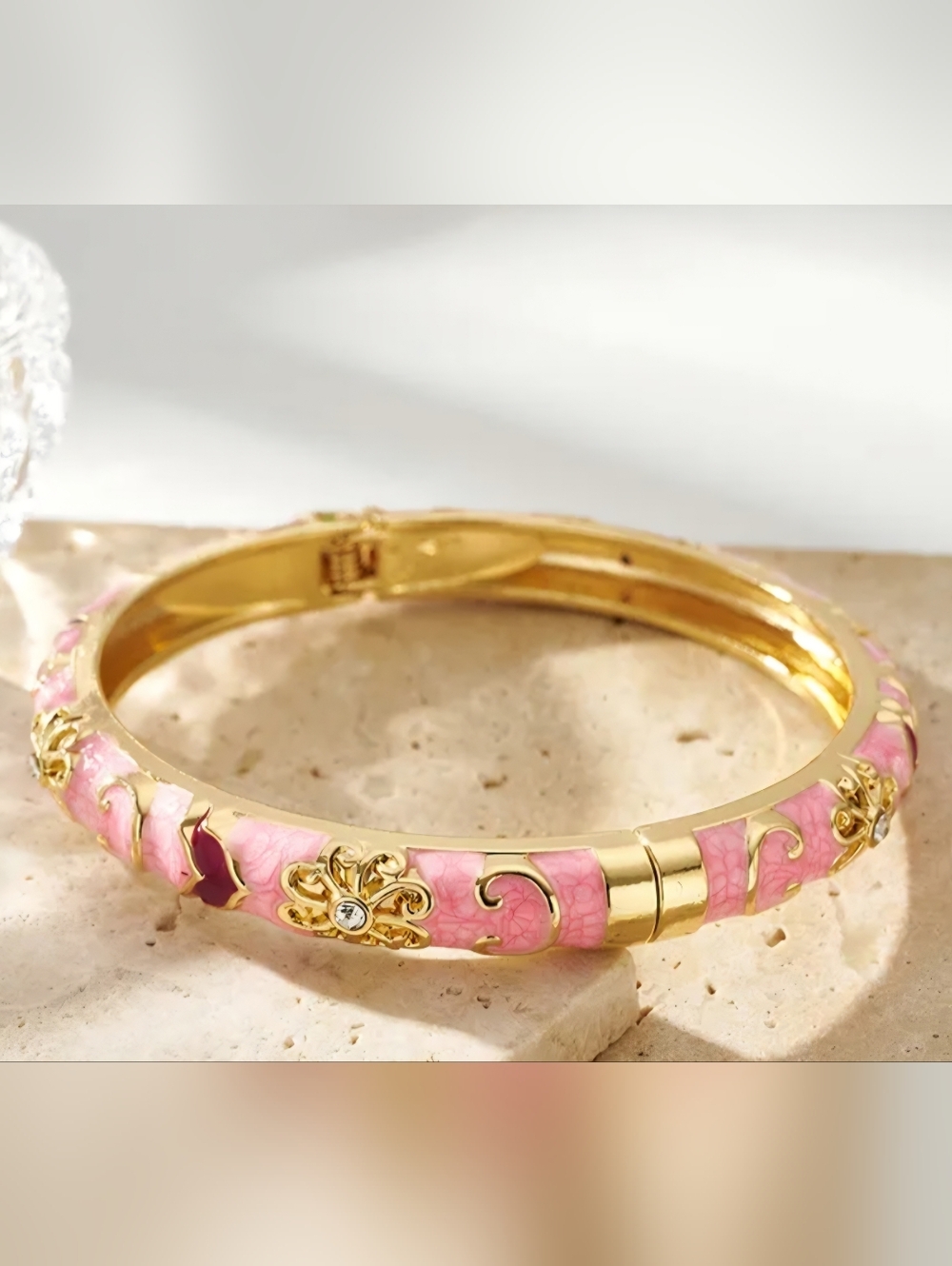 Gold-Tone Pink Floral Enamel Hinged Bangle Bracelet